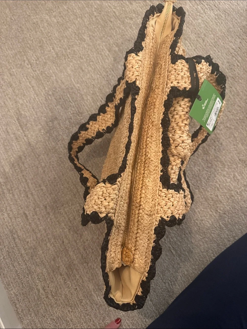 Kate Spade Natural Straw Tote with Black Trim and Front Bow